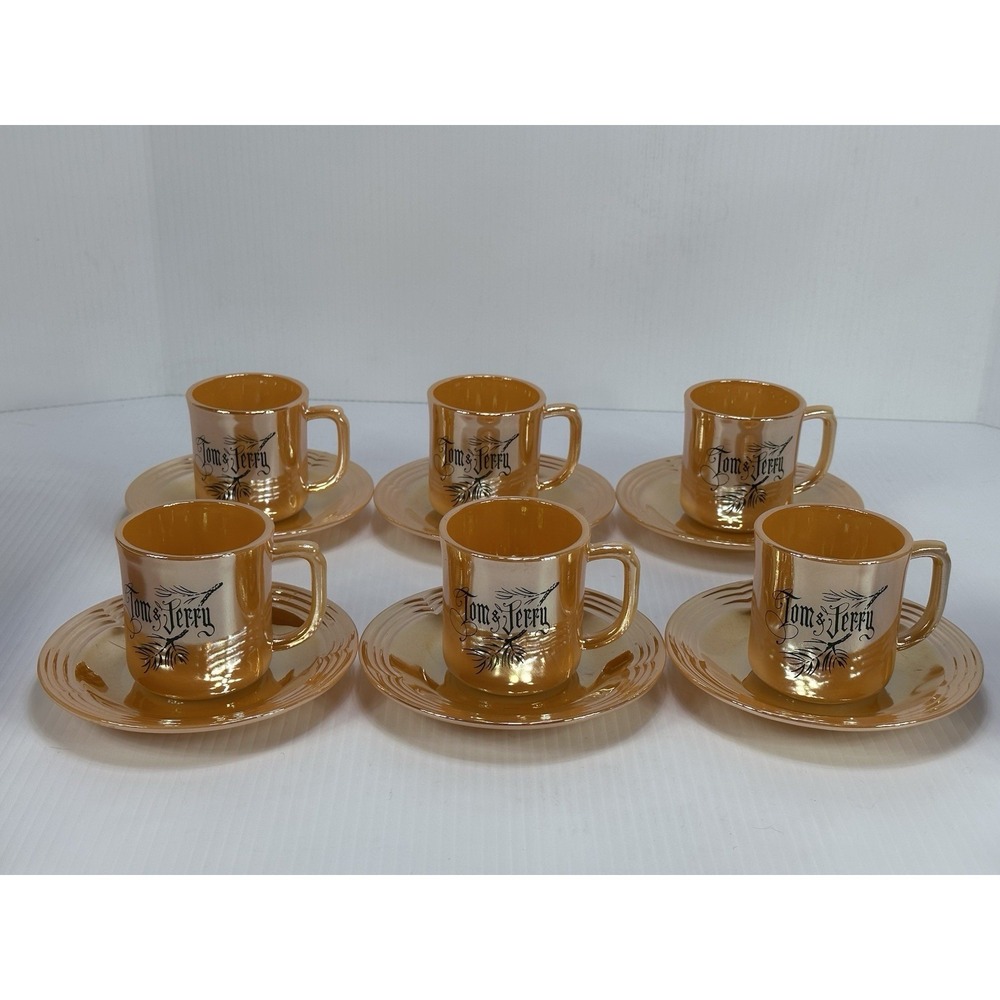 Lot 6 Vintage‎ Fire King Tom & Jerry 2 Piece Set of Cup and Saucer Peach Luster